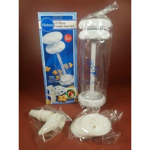 Pillsbury 13 Piece Cookie Gun Press Forming 6 Discs 6 Nozzles 1993 Doughboy - Picture 1 of 11
